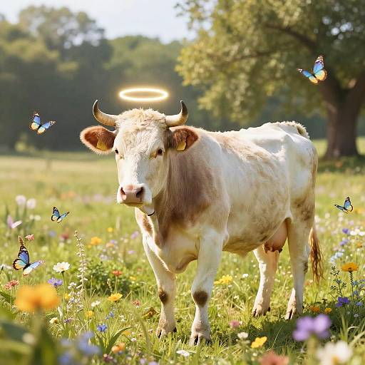 Photograph of a white cow with a glowing halo in a sunlit meadow, surrounded by colorful butterflies and wildflowers, with a large tree in
