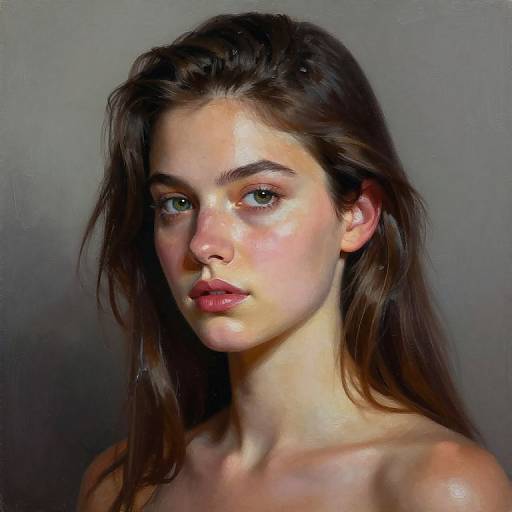 Realistic digital painting of a young woman with fair skin, green eyes, and long brown hair, gazing softly; neutral gray background.