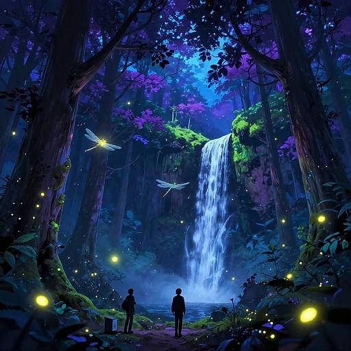 Digital fantasy art of a glowing, blue-purple forest with a cascading waterfall, two silhouetted figures, fireflies, and dragonflies.