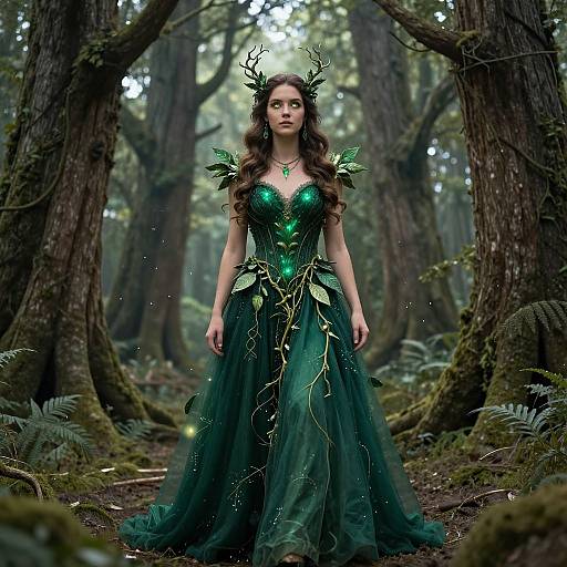 Photograph-style digital art of a fair-skinned woman with long brown hair, wearing a green, leafy, fairy-like forest dress with antler