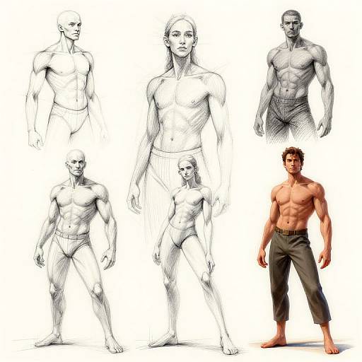 Digital art: Black-and-white sketch series of muscular, shirtless male models, including detailed line drawings, alongside a colored, realistic 3D-render