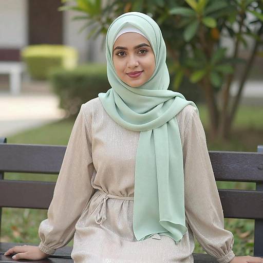 Photograph of a young woman with light green hijab and matching scarf, wearing a beige, long-sleeved dress, sitting on a black bench