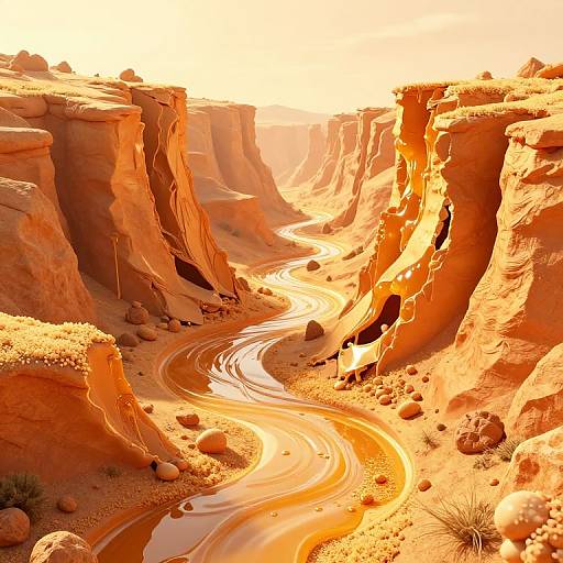 Photograph of a winding, sunlit river cutting through vibrant, orange-red desert canyon cliffs with jagged edges and scattered rocks.