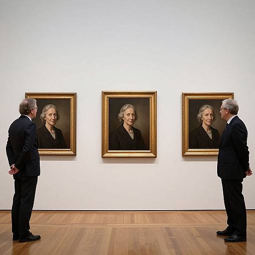 Photograph of two men, one older, one younger, standing in an art gallery, viewing three identical framed portraits of an elderly woman with gray hair