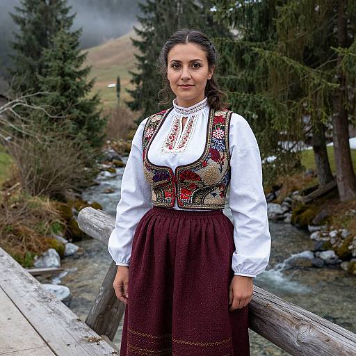 Photograph of a woman with dark hair in traditional Alpine attire, white blouse, embroidered brown vest, and maroon skirt, standing by a wooden fence