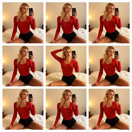 Photograph collage of a blonde woman with wavy hair, wearing a red long-sleeve top and black shorts, sitting on a bed, taking
