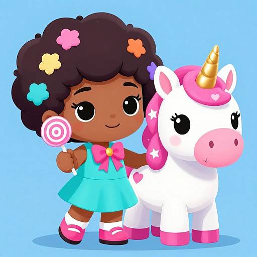 Cute digital illustration of a dark-skinned girl with afro hair, colorful flowers, blue dress, pink bow, holding candy, standing beside a