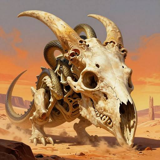 Digital artwork of a skeletal, horned desert monster with scaled, lizard-like legs, standing in an orange-hued, sandy wasteland at sunset.