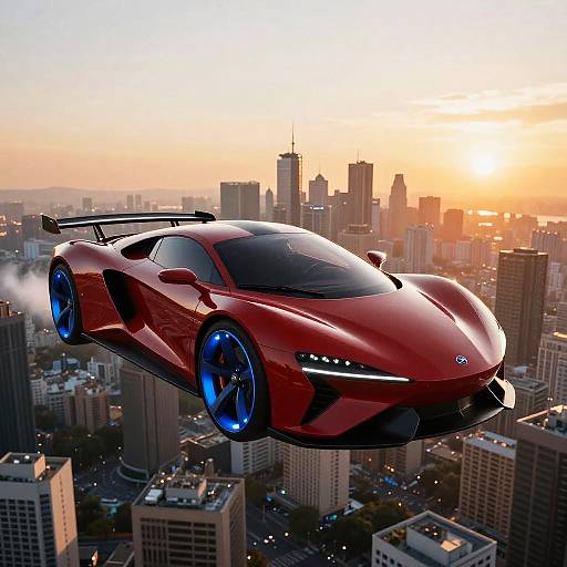Futuristic Red Flying Car at Sunset