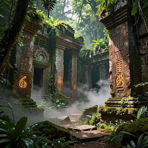 Mysterious, ancient temple ruins overgrown with lush greenery, illuminated by glowing orange runes, surrounded by mist and dense jungle foliage. Photorealistic