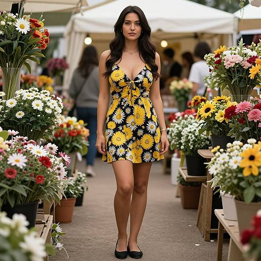 Photograph of a young woman with long dark hair in a black and yellow daisy-patterned dress, standing in a vibrant flower market aisle with colorful