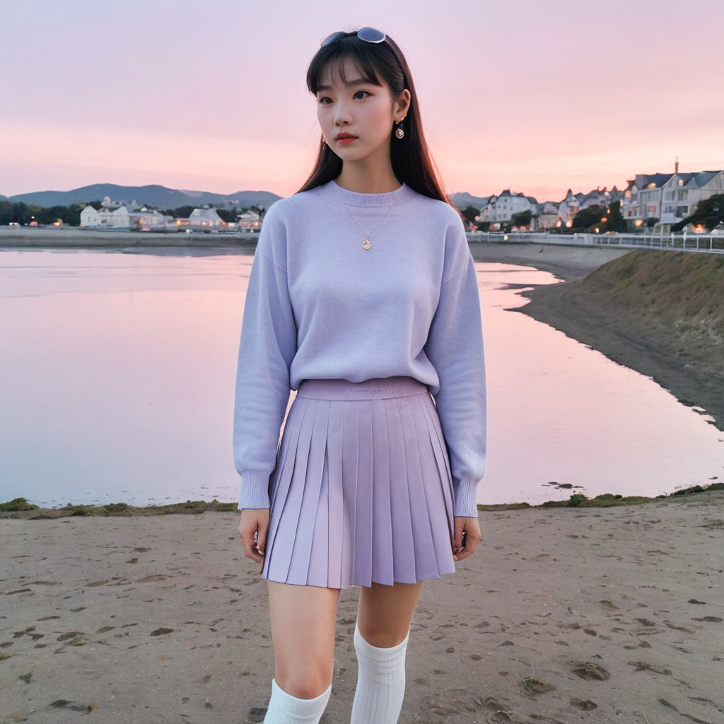 Kawaii Style Woman at Dusk Beach Dinner