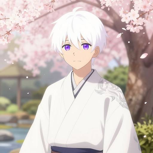 Anime Boy in Cherry Blossom Garden