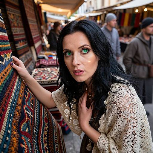 Photograph of a pale-skinned woman with black hair and green eyes, wearing a white lace top, leaning on colorful, patterned textiles in a