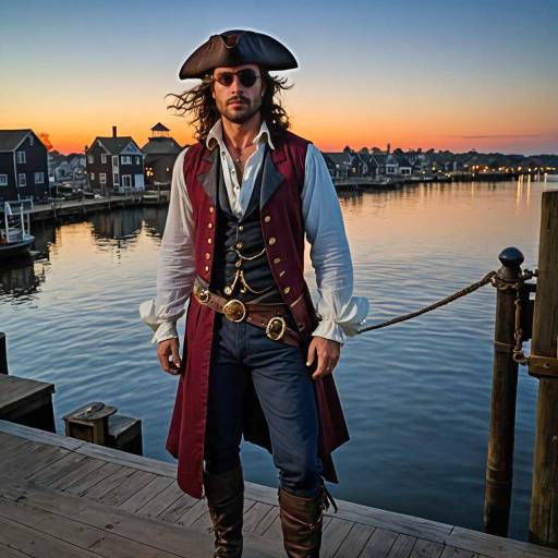 Pirate Man Standing on Moonlit Dock at Sunset
