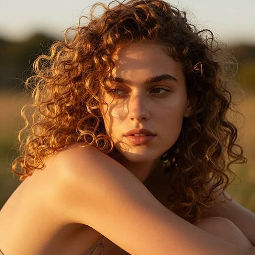 Photograph of a young woman with curly, sunlit brown hair, gazing intently at the camera, with warm, golden sunlight highlighting her face