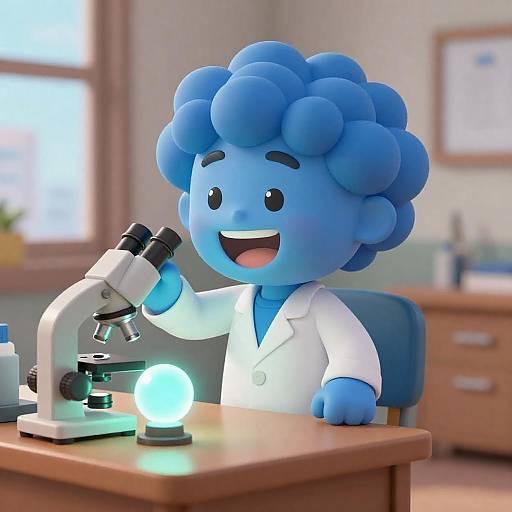Cheerful Blue Scientist in Cartoon Style
