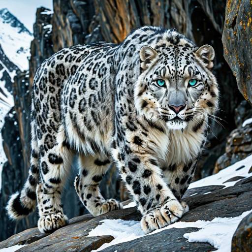 Snow Leopard Prowling Alpine Cliffs