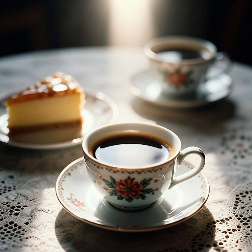 Photograph of a floral teacup with dark coffee, beside a slice of cream cake, on a lace-covered table, illuminated by bright light.