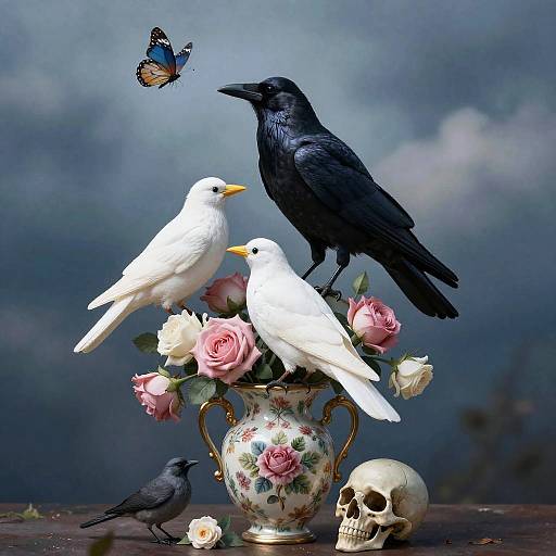 Surreal Birds On Vintage Floral Vase