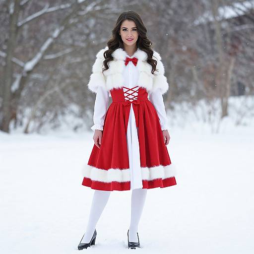 Photograph of a young woman with long black hair, wearing a red and white fur-trimmed dress, white shirt, black shoes, standing in