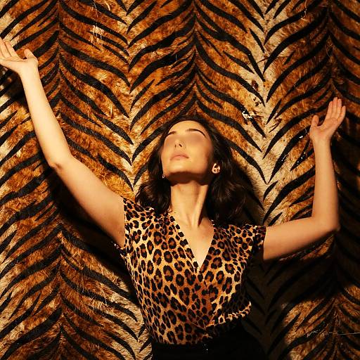Photograph of a woman with closed eyes, arms raised, wearing a leopard-print top against a bold, striped tiger pattern background.