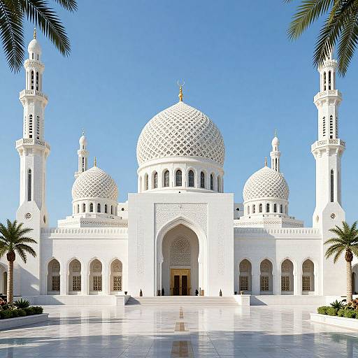 Photograph of a white, ornate Islamic mosque with three domes, two minarets, intricate lattice patterns, and palm trees framing the scene