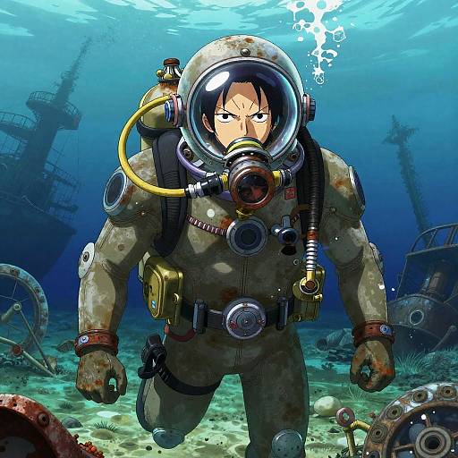 Fearless Deep-Sea Diver in Anime Style