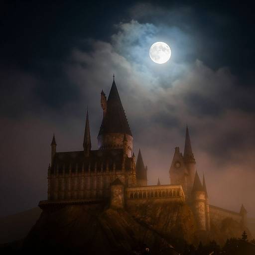 Photograph of Hogwarts Castle under a bright full moon, with dark, misty clouds surrounding the Gothic-style architecture. The moonlight illuminates the castle
