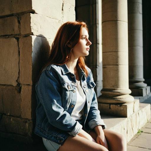 Young Woman Sitting by Stone Pillar