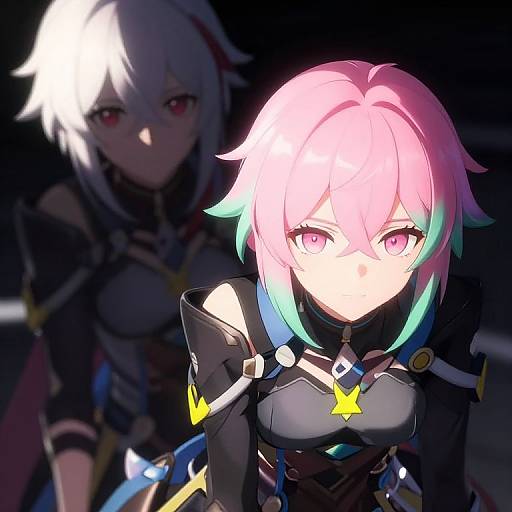 Digital anime-style artwork of two female characters; foreground: pink-haired girl with gradient hair, pink eyes, black armor, yellow star; background: white