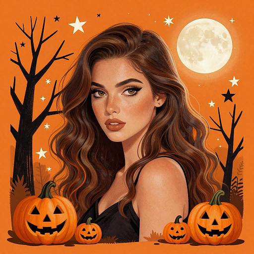 Digital artwork of a beautiful woman with long wavy brown hair, orange background, full moon, pumpkins, and black trees, wearing a black top