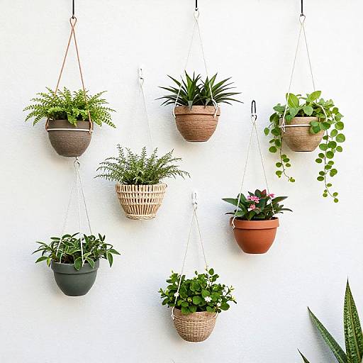 Photograph of eight hanging potted plants with various green foliage, in brown, black, and terracotta pots, against a white background.