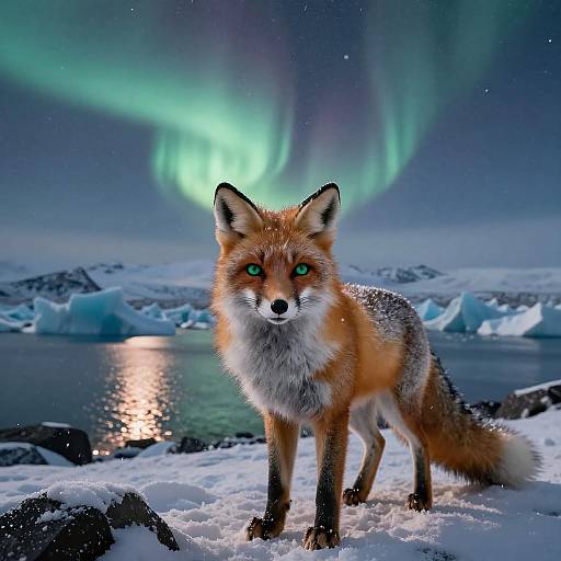 Golden Fox with Emerald Eyes under Northern Lights