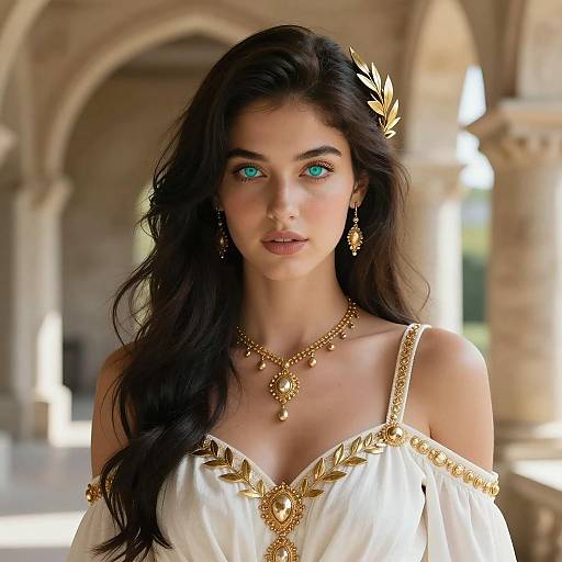 Young Woman in White Dress with Golden Jewelry