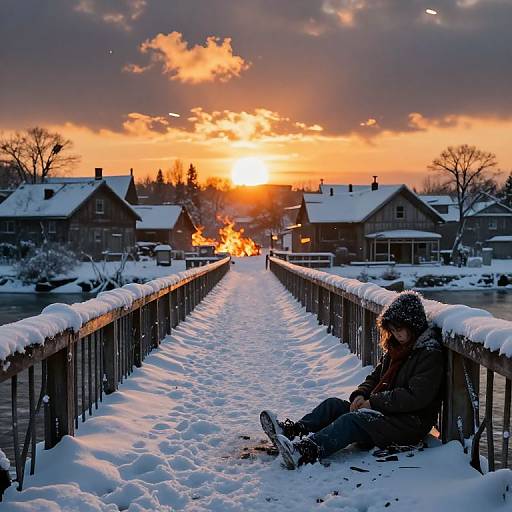 Photograph of a child in a hooded jacket sitting on a snow-covered bridge, watching a fiery sunset over snow-covered houses.