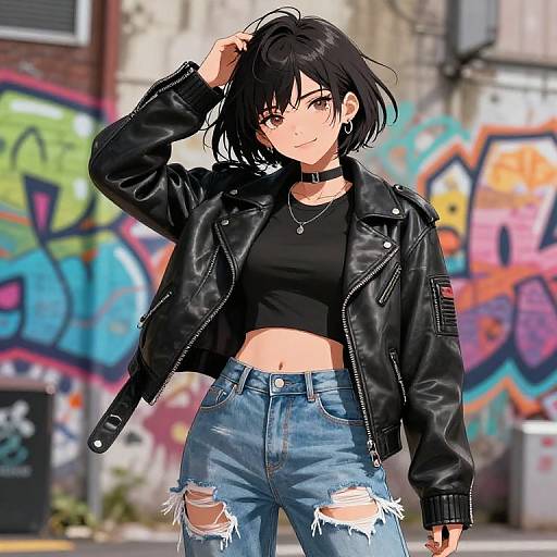 Anime-style digital drawing of a black-haired girl in a leather jacket, black crop top, and ripped jeans, standing against a colorful graffiti wall. She