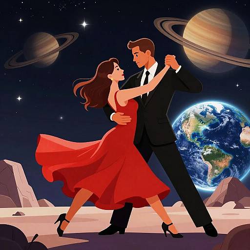 Digital illustration of a dancing couple in formal attire, with a red dress and black suit, against a space backdrop featuring planets, Earth, and rocky terrain
