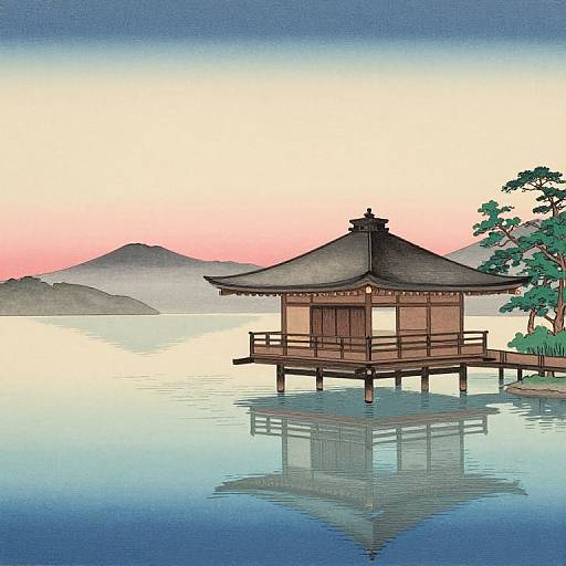 Serene Woodblock Print of Katata Pavilion