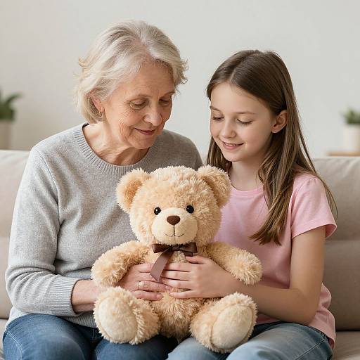 Photograph of an elderly woman with short gray hair, wearing a gray sweater, and a young girl with long brown hair, in a pink shirt,