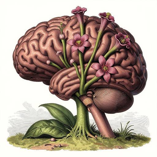 Illustration of a brain-shaped tree with pink flowers, green leaves, and a textured brown trunk, set on grassy ground.