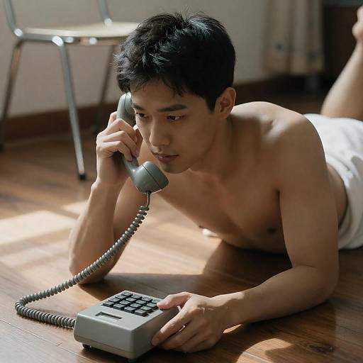 Relaxed Man with Vintage Phone on Floor