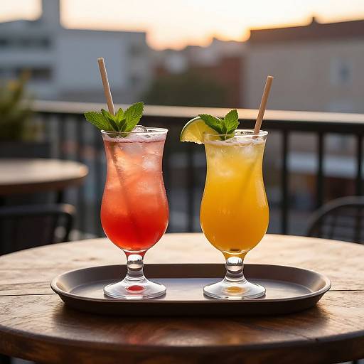 Photograph of two colorful cocktails on a wooden table: red drink with mint, straw, and ice; yellow drink with lime, straw. Sunset background