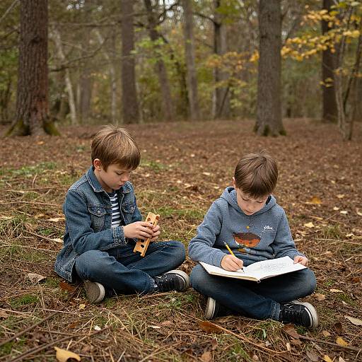Photograph of two young boys sitting on forest floor, one eating a sandwich, one reading a book, wearing denim jackets and jeans.