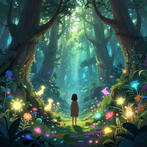 Anime-style digital illustration of a girl in a forest, surrounded by glowing flowers and bioluminescent butterflies, standing on a sunlit path amidst towering