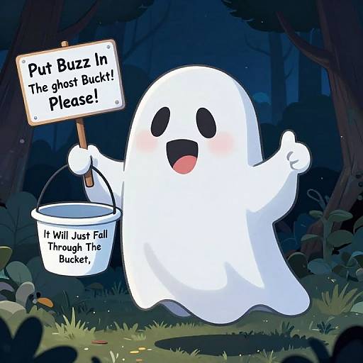 Cute Ghost Holding Bucket in Woods
