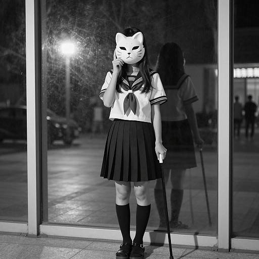 Young Woman in Japanese Schoolgirl Uniform with Cat Mask