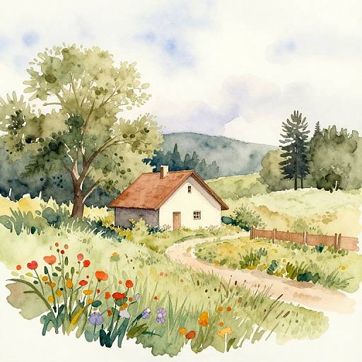 Watercolor painting of a quaint, white cottage with a red roof, surrounded by blooming flowers, tall trees, and a meandering path.