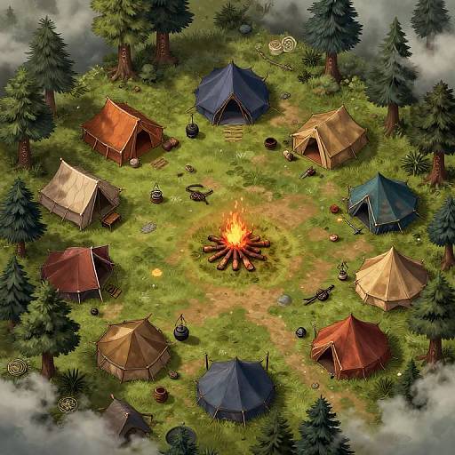 Overhead view of a forest campsite with six tents, a central campfire, cooking pots, lanterns, and trees surrounding the green grassy