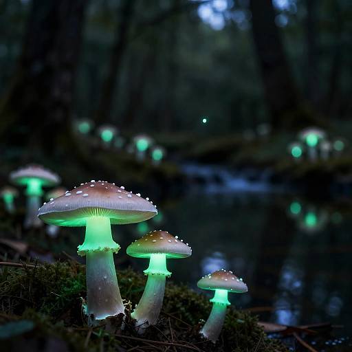 Photograph of glowing green mushrooms with white spots, illuminated in a dark, enchanted forest, surrounded by a blurred backdrop of similar mushrooms and a reflective water